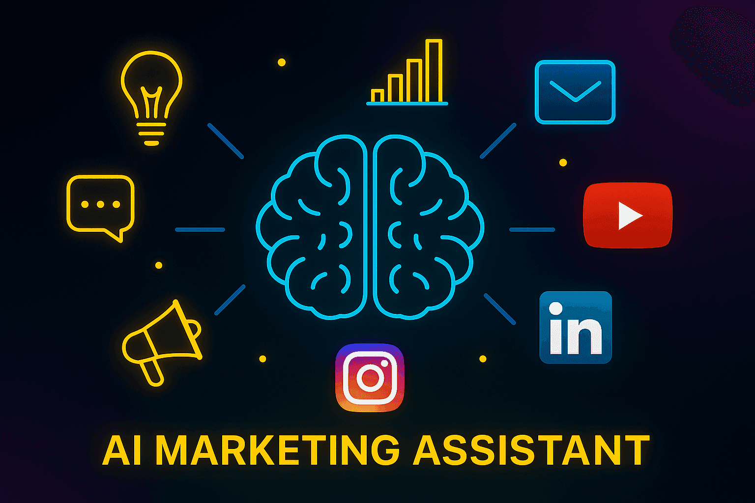 Cover image for AI Marketing Assistant featuring a glowing brain at the center connected to icons for analytics, messaging, social media, and content creation on a dark gradient background.