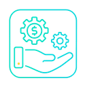 Minimal glowing vector-style icon for Financial Services & FinTech AI featuring a hand holding gears with a dollar sign, enclosed in a rounded square, designed with indigo to emerald gradient and yellow accents on a dark theme background.