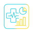 Minimal glowing vector-style icon for Healthcare & Pharma AI featuring a medical cross, heartbeat line, and analytics elements in indigo to emerald gradient with yellow highlights, enclosed in a rounded square on a dark theme background.