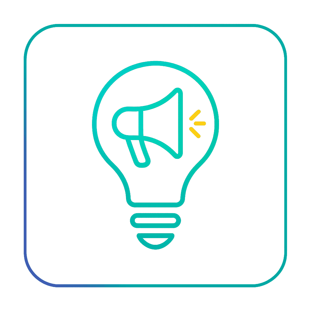 Minimal glowing vector-style icon for Marketing & Creative AI featuring a megaphone inside a bulb with indigo to emerald gradient, yellow accents, and a rounded square border on a dark theme background.