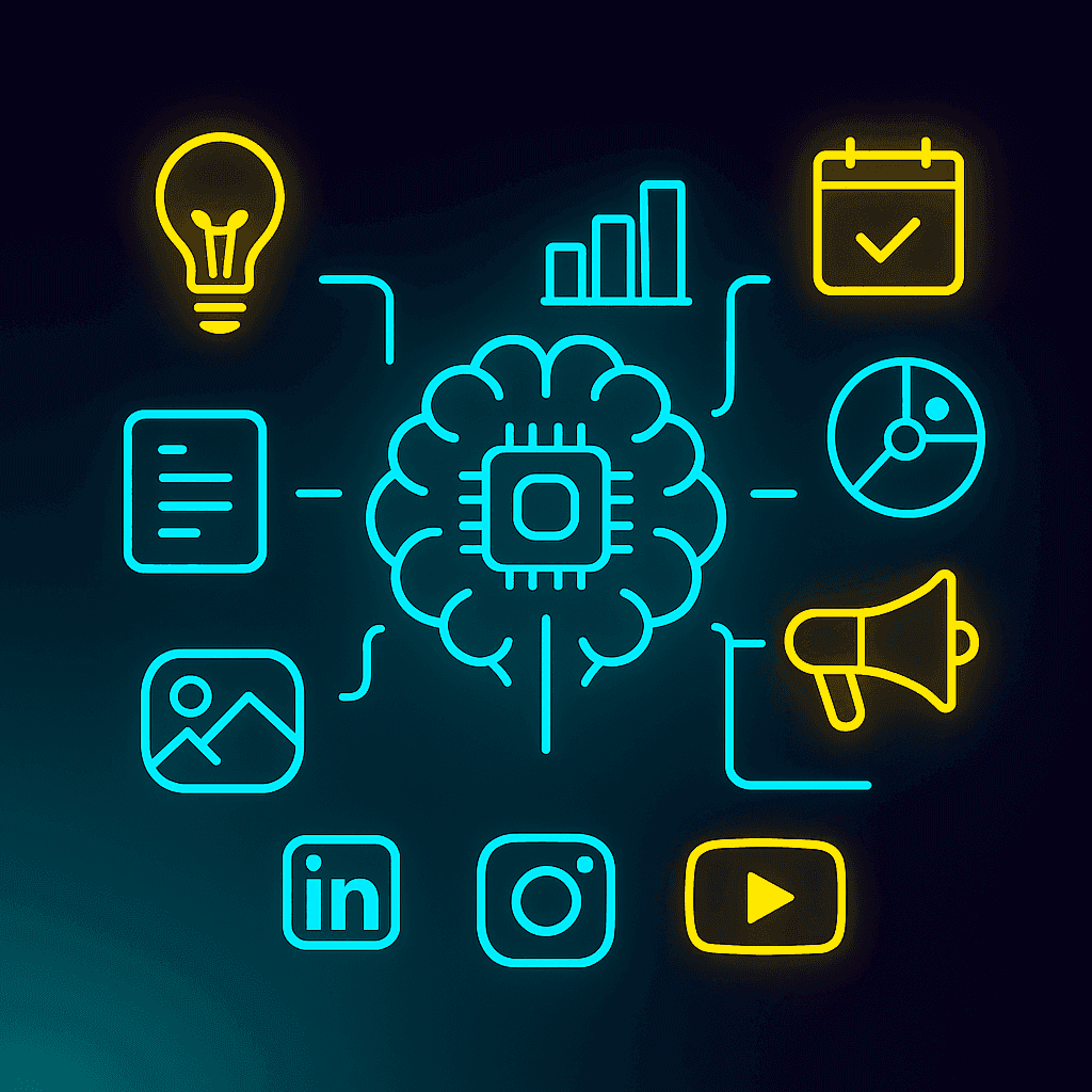 Hero image for AI Marketing Assistant showing a glowing neural chip at the center connected to icons for analytics, content, calendar, social media, and marketing tools on a dark gradient background.