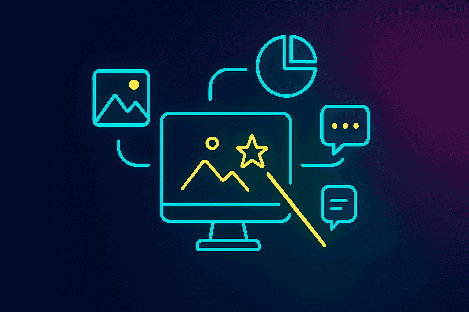 Hero image for AI Marketing Assistant showing a glowing computer screen with creative graphics, charts, and chat icons on a dark gradient background representing automated content and design generation.